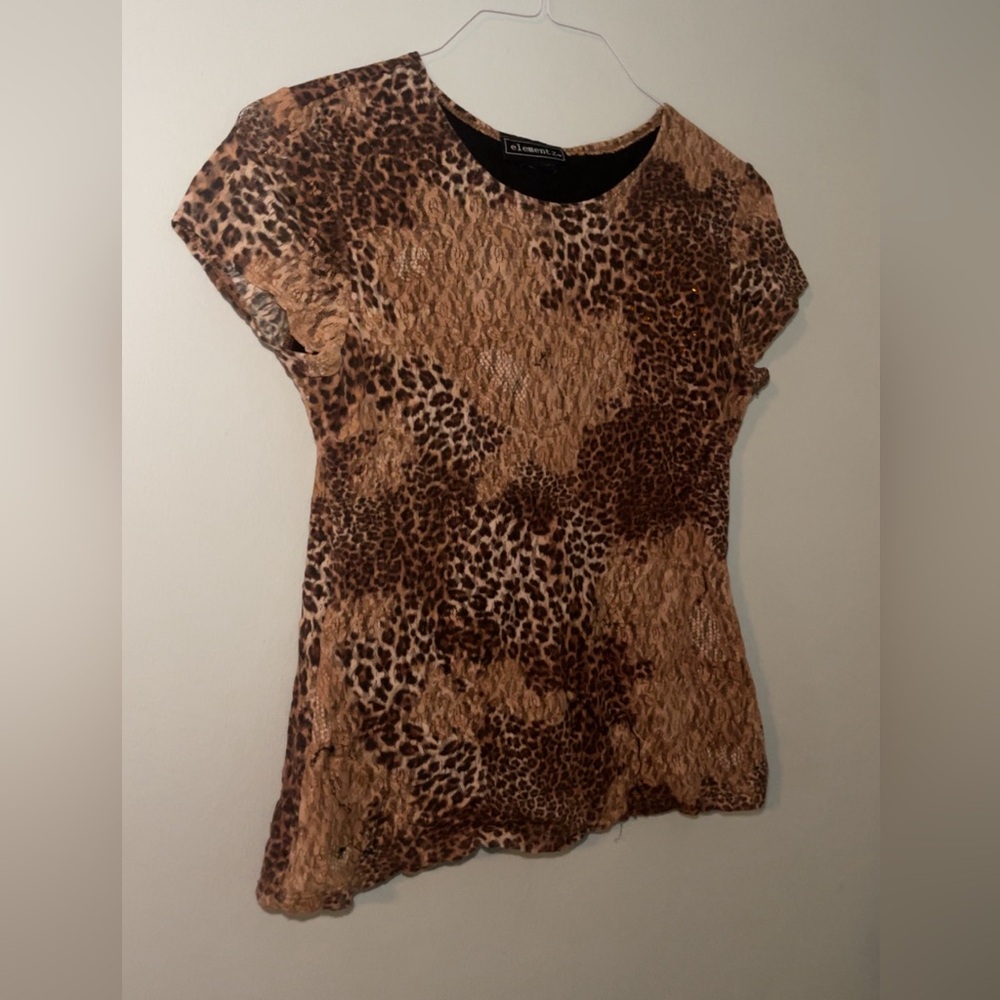 Vintage Short Sleeve Animal Print Lace Top with Gold Rhinestones